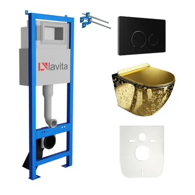 Produktbild von Lavita LAV 101 Vorwandelement für WC 40cm + Wand Hänge Tiefspül WC SOFI SLIM GOLDEN EYE Spülrandlos + Bedienplatte LAV 200.4.4 Schwarz | Komplettset | Unterputz Spülkasten | Toilette Komplett Sett