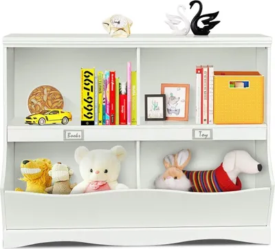Produktbild von Kinderregal mit 4 offenen Fächern, Spielzeugregal Bücherregal für Kinder, Holz Standregal mit Kippsicherung, Aufbewahrungsregal für Kinderzimmer, Kindergärten & Wohnzimmer, Weiß