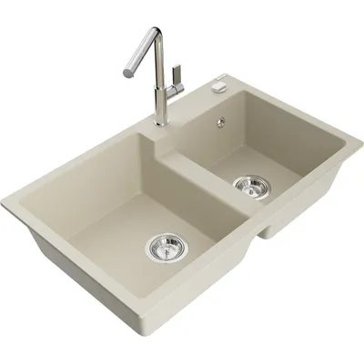 Obrázok produktu pre Mexen Tomas granitový dvojkomorový drez s kuchynskou batériou Flora, Béžová - 6516-69-670401-00