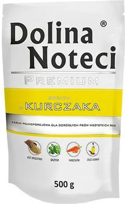 A pouch of dog food with product branding and ingredient icons.