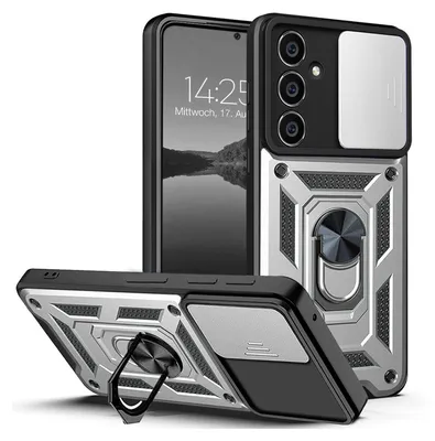 A phone case with a ring stand and camera cover, shown from multiple angles.