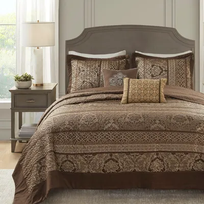 Jacquard-Bettüberwurf-Set, 5-tlg., gesteppt, Braun/Gold, Übergroße Queen