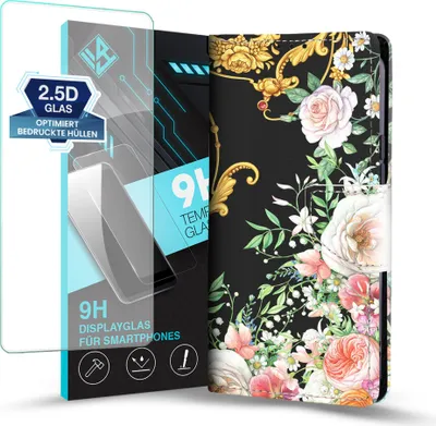 Produktbild von Handy Hülle für Samsung Galaxy A26 5G mit 9H Displayglas Klapphülle Bookcase Flip Cover Handy Tasche Etui Motiv: Rosen Ornamente Blumen