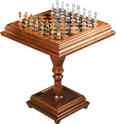 Produktbild von Luxus-Schachtisch (55 × 55 cm) mit Schachfiguren aus Messing & Holz, -Finish