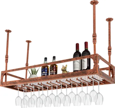 Zdjęcie produktu dla 100cm sufitowy stojak na wino 35-55cm regulowana wysokość metalowy stojak na wino stojak na kieliszki jednowarstwowy styl industrialny (brązowy)
