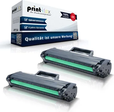 Two toner cartridges are displayed in front of a product box.