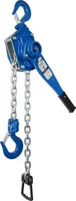 A blue lever hoist with chains and hooks against a white background.