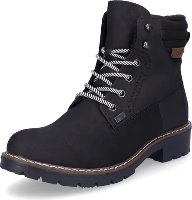 A black lace-up boot on a white background.