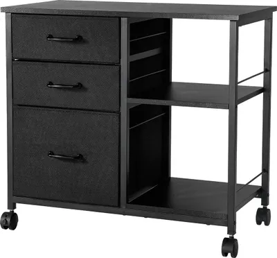 Produktbild von Mobiler Metallaktenschrank mit 3 Stoffschubladen und 2 offenen Regalen, schwarz