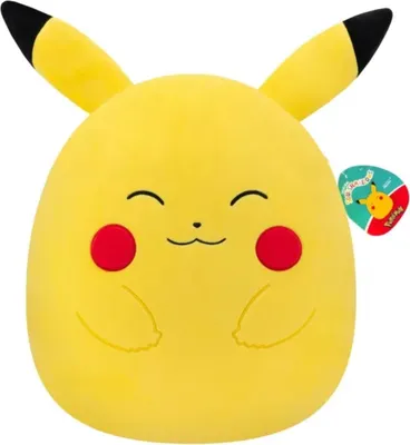 A yellow Pikachu plush toy with red cheeks and black accents on its ears, set against a white background.