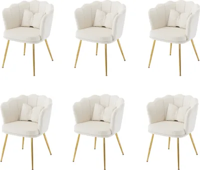 Six beige upholstered chairs with gold legs are arranged in two rows of three against a white background.