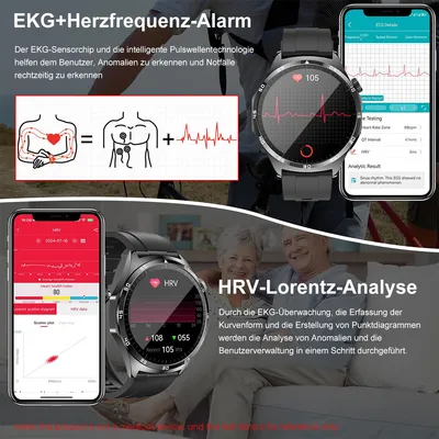 Produktbild von Smartwatches, EKG + HRV/BMI Runde (48 mm) 1,43 Zoll AMOLED Gesundheitsuhr mit Telefonfunktion, 24-Stunden-Gesundheitsüberwachung,Mehrere Trainingsmodi
