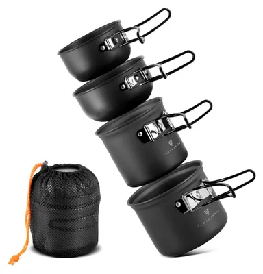 Produktbild von 4-teiliges Camping Kochtopf-Set aus Aluminium, Outdoor Kochgeschirr mit Antihaftbeschichtung, Camping Koch-Set mit Töpfen und Deckeln