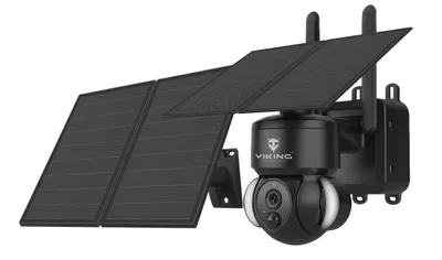 A black solar-powered security camera with two solar panels attached.