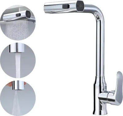 A chrome kitchen faucet with multiple spray functions shown in inset circles.