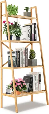Produktbild von GOPLUS Bambus Leiterregal, Standregal mit 4 Ebenen, Bücherregal Lagerregal für Wohnzimmer, Balkon & Küche, 60 x 35,5 x 148 cm, Natur