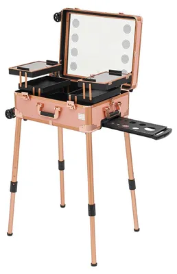 Immagine prodotto di Valigetta da trucco con rotelle - Carrello per il trucco con specchio a LED - Chiusura a chiave - 4 rotelle - Alluminio - Capacità di carico: 50 kg - Colore: rosa oro - Ideale per truccatori professionisti