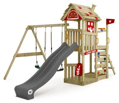 Produktbild von Spielturm Wickey FarmFlyer mit Doppelschaukel, Rutsche anthrazit, Plane rot