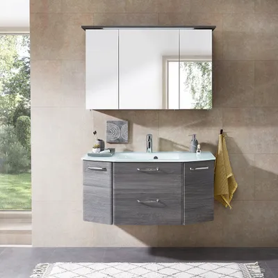 Produktbild von Badezimmer Waschplatz ALINA-66 mit Glas-Waschbecken in Graphit Struktur quer Nachb. - B/H/T: 115/195/48cm