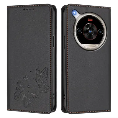 Produktbild von Lederhülle für ZTE nubia Focus 2 Ultra, Schmetterling Prägung Leder Brieftasche Schutzhülle mit Ständer Schwarz