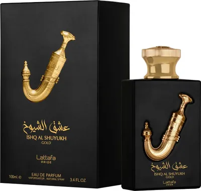 A black perfume box and bottle with gold accents.