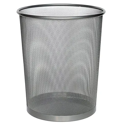 A gray mesh trash can on a white background.
