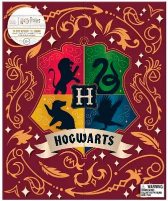 The image shows the front of a Harry Potter themed advent calendar, featuring the Hogwarts crest and house symbols.