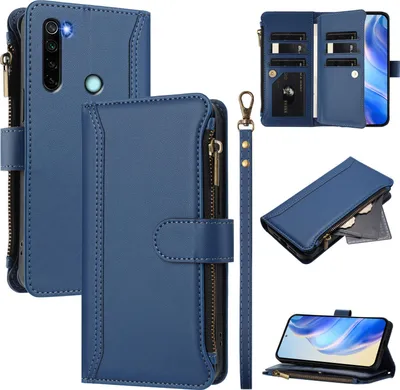 Obrázek produktu pro Pouzdro pro Xiaomi Redmi Note 8, zipem, peněženkovéPolyuretankožené flip pouzdro s kapsami na karty, stojánkem a poutkem na ruku modrý