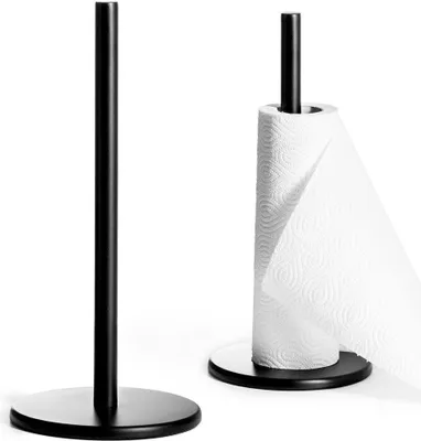Two black paper towel holders, one with a roll of paper towels, on a white background.