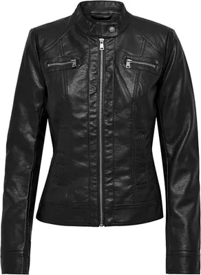 Productafbeelding van Dames bikerjack in zwart, kunstleren look, heuplengte, maat 38