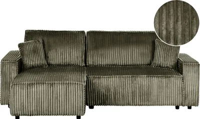 Produktbild von BELIANI 2-Sitzer Ecksofa Grün Cord mit Chaiselongue Rechtsseitig Schlaffunktion Dekokissen L-Form Modern Schlafsofa Wohnzimmer Sitzmöbel