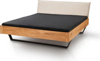 Bett Mons 140x200 cm Wildeiche Massiv mit Stoffkopfteil Beige