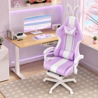 Produktbild von Gaming Chair Stoff mit Katzenohren und Schwanz, Ergonomischer Gaming Stuhl mit Fußstütze, Massage-Lendenkissen, Höhenverstellbar, Taro Lila, KI-generiertes Bild