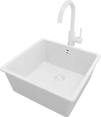 Produktbild von PRIMAGRAN Unterbauspüle Granit Alles Weiß 46x44cm, Spülbecken 1 Becken + Küchenarmatur 32x20cm + Ablauf-Set, Granitspüle ab 50er Unterschrank - Venedig Easy