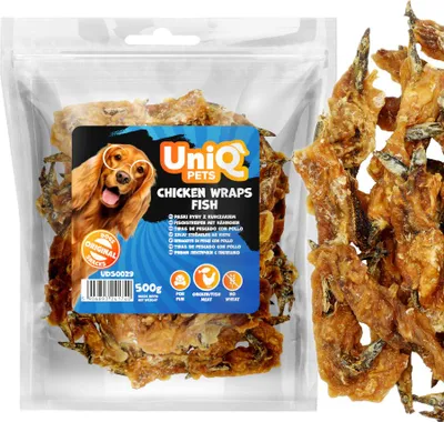 Image de Friandises pour chiens, lamelles de poisson enrobées de poulet UniQ Pets 500 g