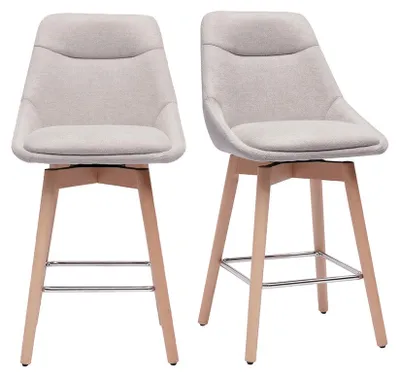 Produktbild von Miliboo - Skandinavische Barhocker, 360° drehbar, aus strukturiertem Samt-Effekt Stoff in Beige und hellem Holz H65 cm (2er-Set) ALESS
