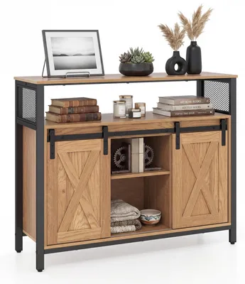Produktbild von COSTWAY Sideboard aus Holz mit 2 Schiebetüren, 100 x 33 x 80 cm, Buffetschrank mit Ablagen, Küchenschrank Industrie-Stil, Aufbewahrungsschrank