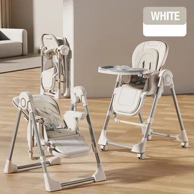 Produktbild von 3-in-1-Babyhochstuhl - Umwandelbarer Wippstuhl für Kleinkinder - 5-fache Höhenverstellung - Abnehmbares 2-teiliges Tablett - Gepolsterter Sitz - Feststellbare Lenkrollen - Weiß