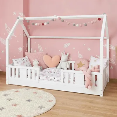 Produktbild von MEBLE WRÓBEL Hausbett Bodenbett 90x200 cm mit Rausfallschutz und Lattenrost - Montessori Einzelbett - Kinderbett aus Kiefer Massivholz Weiß - Kleinkindbett für Jungen & Mädchen