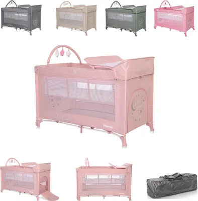 Produktbild von Lorelli Reisebett Noemi 2 Ebenen, Wickelauflage, Spielbogen, Tragetasche, Räder pink
