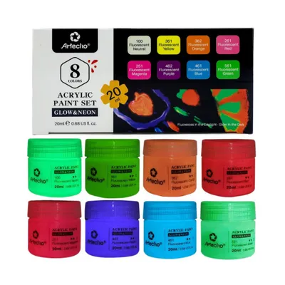 Produktbild von Artecho Acrylfarben Set Neon & Glow in the Dark – 8 x 20 ml Flaschen – Leuchtende Neonfarben unter Schwarzlicht & dezenter Glow-Effekt
