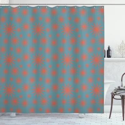 Immagine prodotto di ABAKUHAUS Tenda da doccia con fiori, stile retrò anni '60, motivi floreali ispirati agli anni '50 su sfondo blu, 175 x 200 cm, blu petrolio e corallo scuro