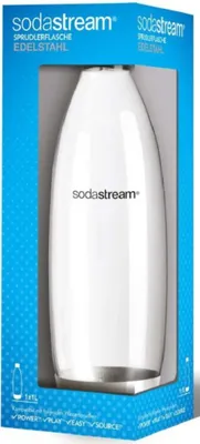 A SodaStream bottle in its retail packaging.