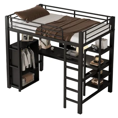 Produktbild von Hochbett mit Kleiderschrank, Schreibtisch und Regal, 90x200 cm, Metallbett mit Lattenrost und Rausfallschutz, Jugendbett