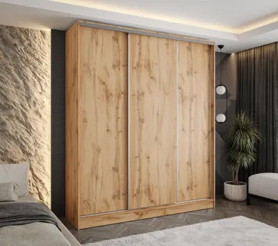 Produktbild von Moderner 3-türiger Schwebetürenschrank Eiche Wotan 150x58x250 cm – Kleiderschrank für Flur, Schlafzimmer oder Ankleidezimmer