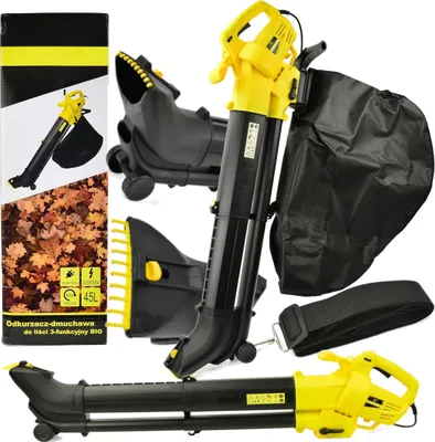 A collage of images showing a leaf blower/vacuum cleaner and its components, along with packaging.
