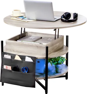 A round lift-top coffee table with storage and side pockets, set against a white background.