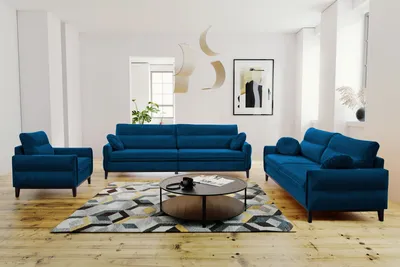 Produktbild von BEAUTYSOFA | Wohnzimmer-Set BELLANO - Gepolsterter Set mit Armlehnen, Sessel und Sofas - Veloursstoff in Marineblau mit schwarzen Holzbeinen