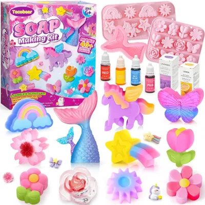 Image de Kit de fabrication de savon pour enfants à partir de 6 ans, avec des formes de licorne et de fleurs, des couleurs et des huiles parfumées