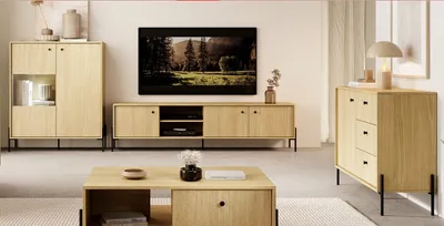 Produktbild von Wohnzimmer-set SCANDI 3 TV Schrank + Kommode + Couchtisch + Vitrine Eiche Scandi/Eiche Fischgrät